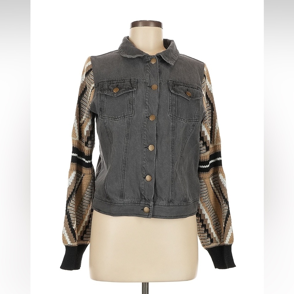 Gray Denim Jacket with Patterned Sweater Sleeves